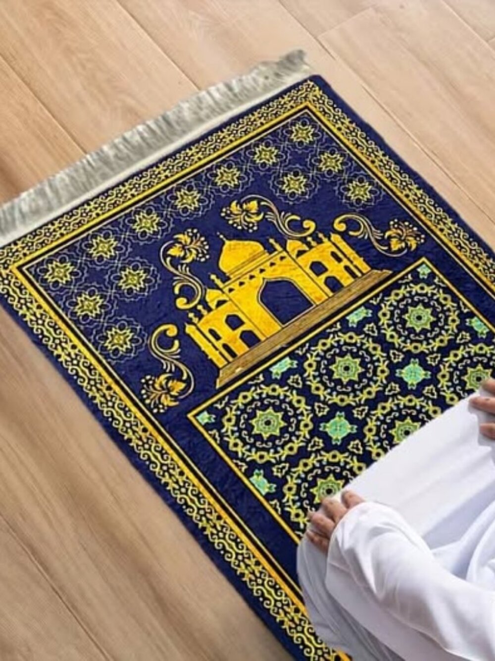 Blue Muslim Prayer Mat with with Gold Fringe 38 x 18 inch Portable Prayer Rug